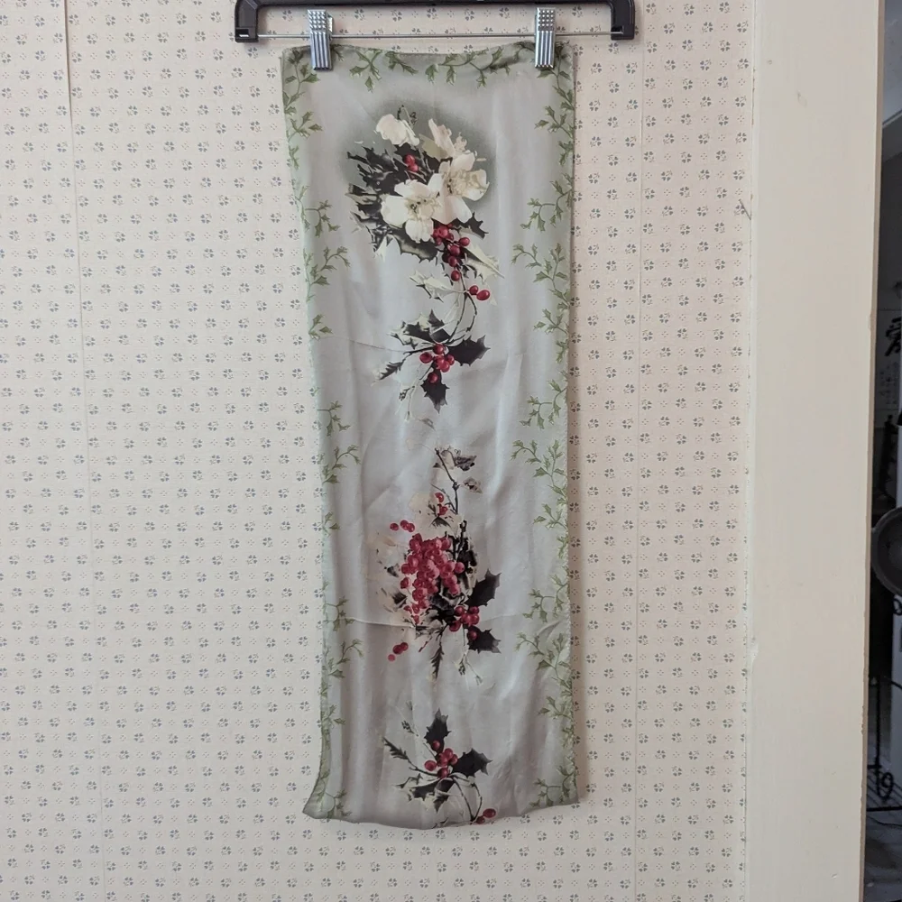 Vintage Silk Scarf Floral Holly Berry Christmas Fabric Holiday Silver Red Green